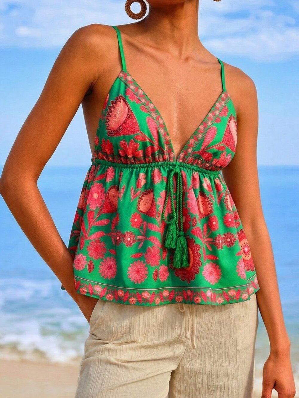 Multicolor Boho Women's Floral Print Tie Detail Spaghetti Strap Camisole Top